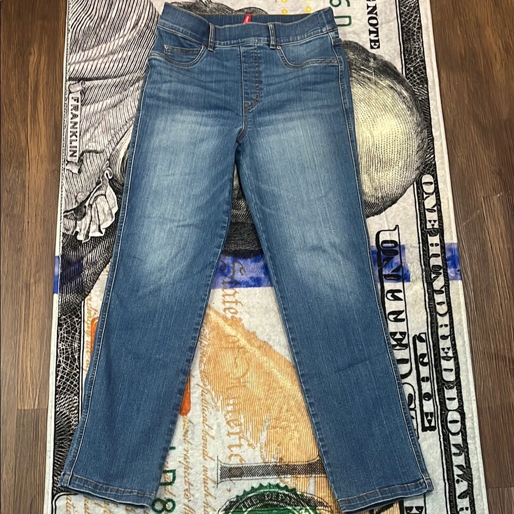 SPANX Blue Straight Leg Jeans with Faded Wash